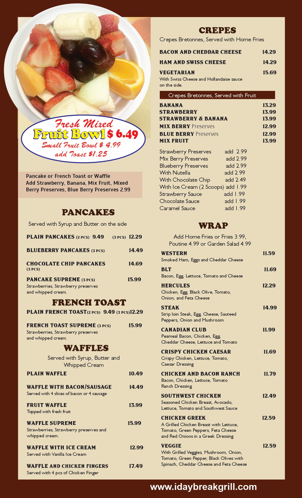 Crepes, Pancakes, French Toast, Waffles, and Wraps Menu