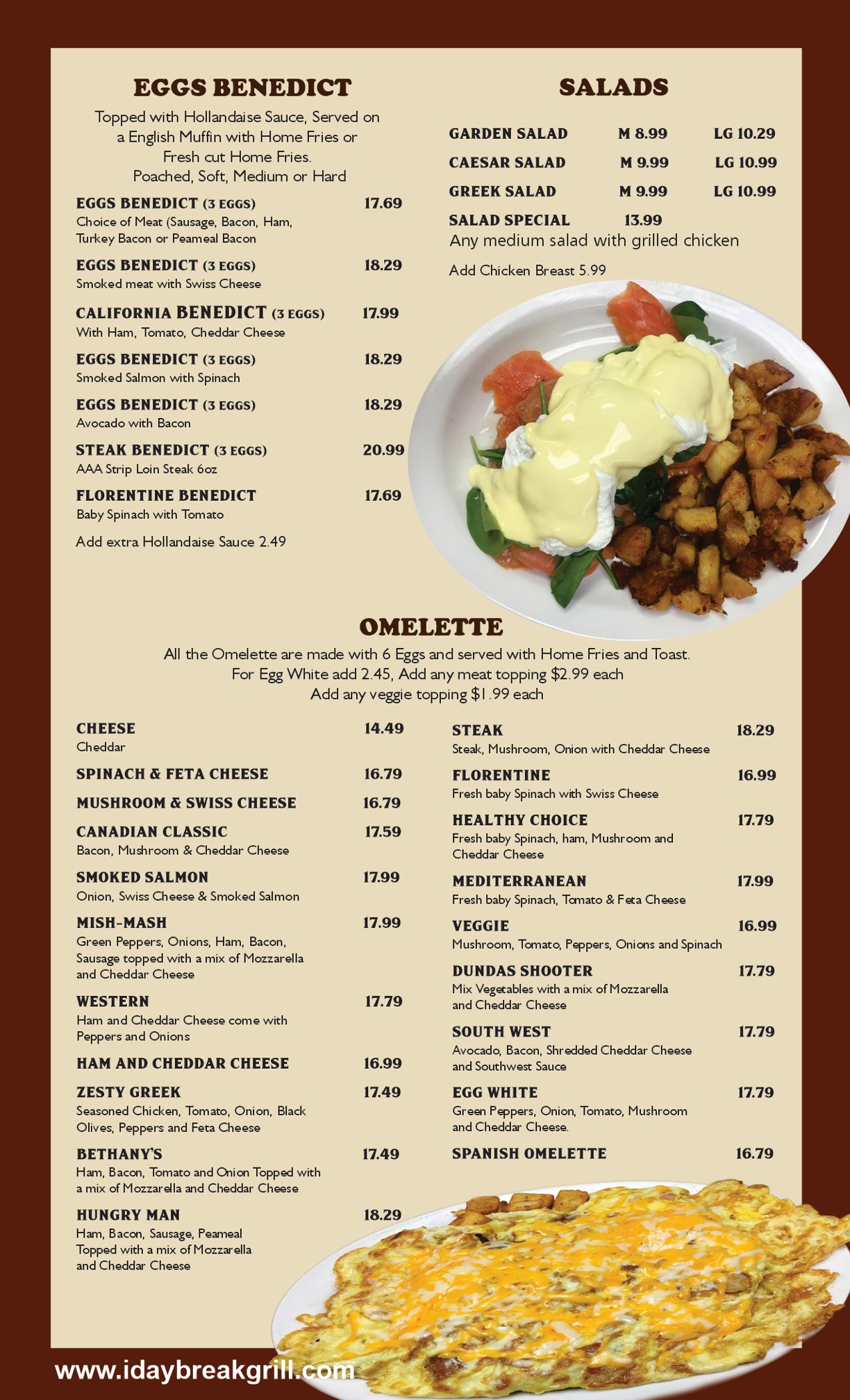 Eggs Benedict, Omelettes, and Salads Menu