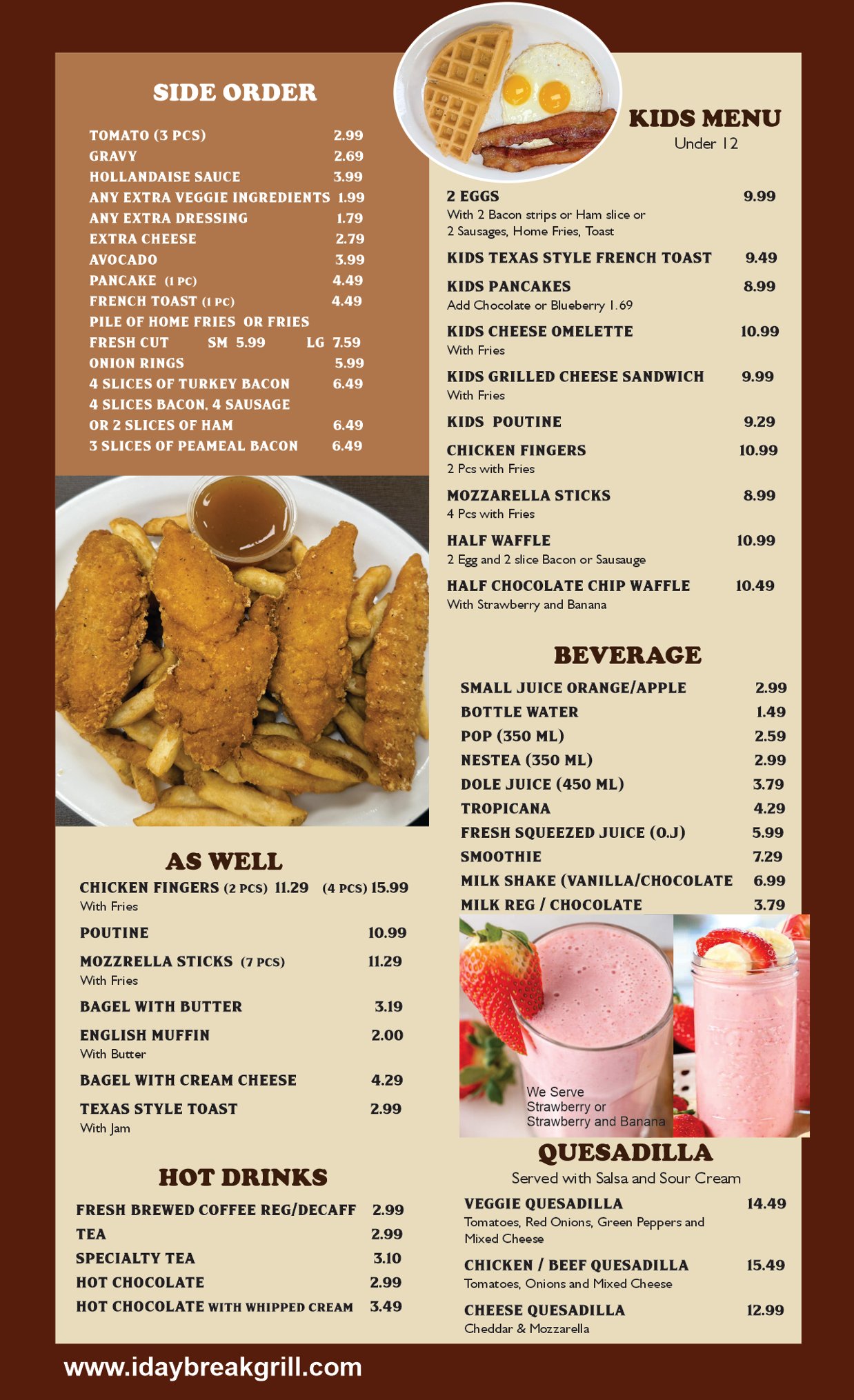 Kids Menu, Beverages, Quesadillas, and Side Orders